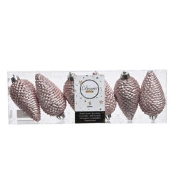 6 Addobbi Natalizi Pigne 80mm Infrangibili Rosa Cipria