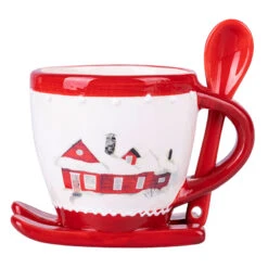 Villa D'Este Tazza Da Colazione Winter Village Con Slitta E Cucchiaino In Ceramica
